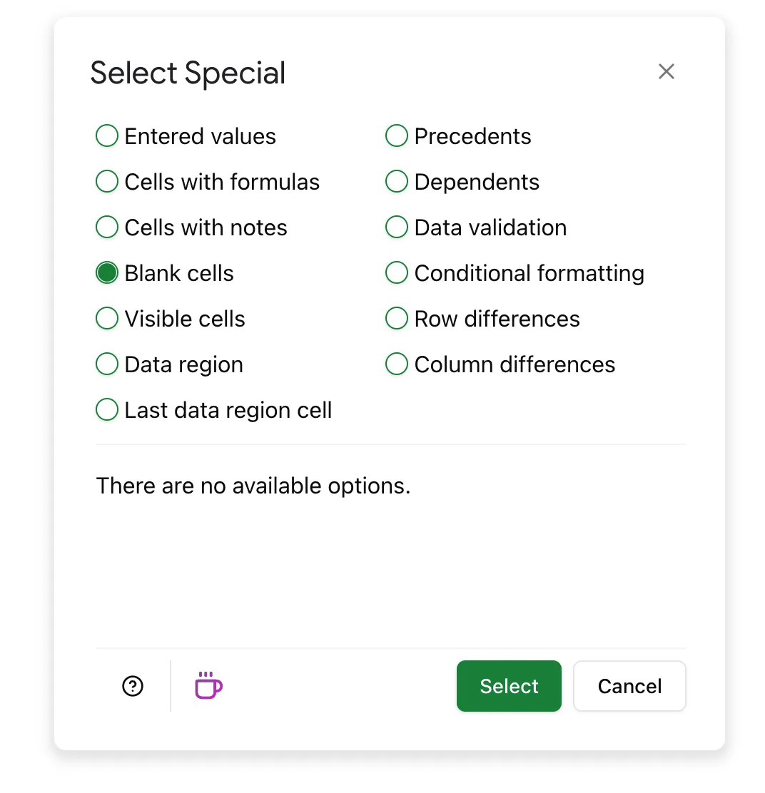 Choose 'Blank cells' to find and select blank cells