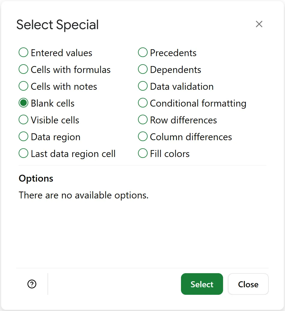 Choose 'Blank cells' to find and select blank cells