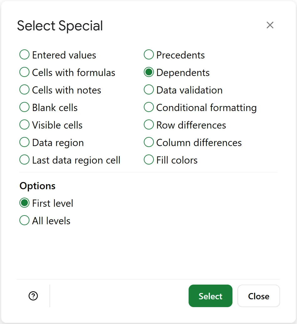 Choose 'Dependents' to find cells that rely on the selected cell.