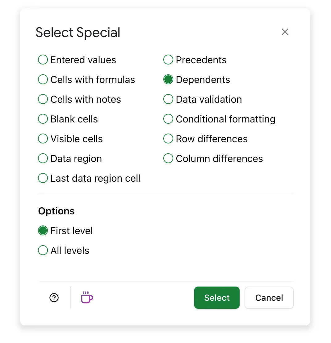 Choose 'Precedents' to find cell dependents in column