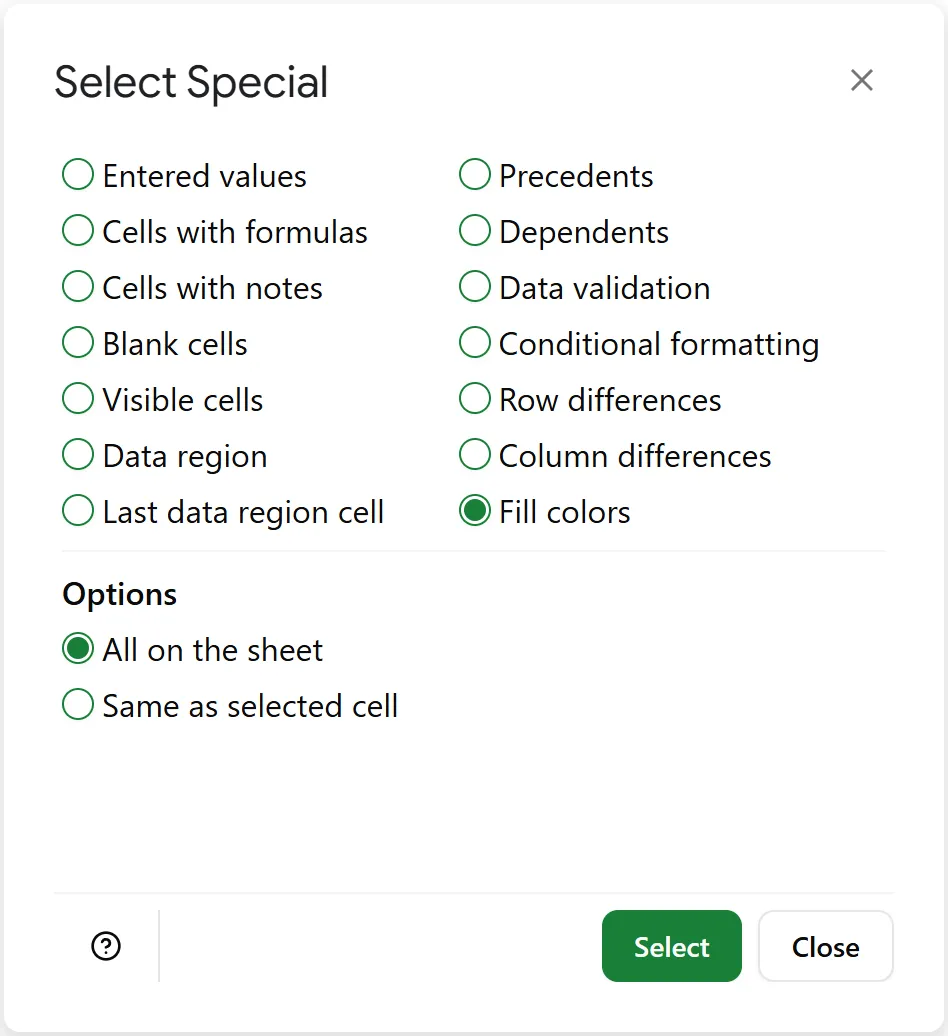 Select 'Fill Colors' to find and highlight cells based on their background color.