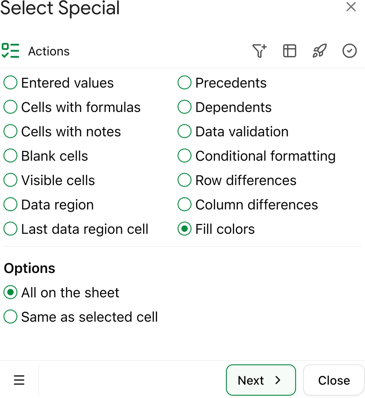 Select 'Fill Colors' to find and highlight cells based on their background color.