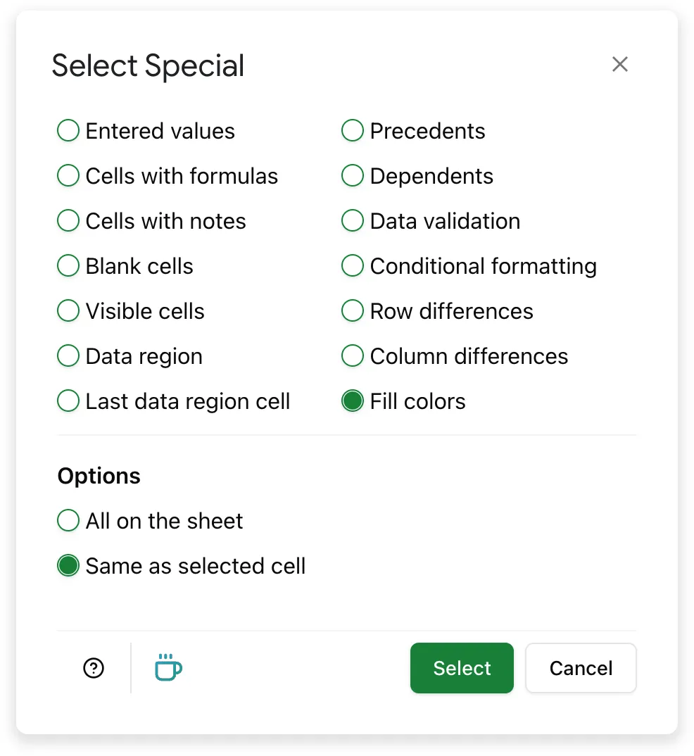 Select 'Fill Colors' to find and highlight cells based on their background color.