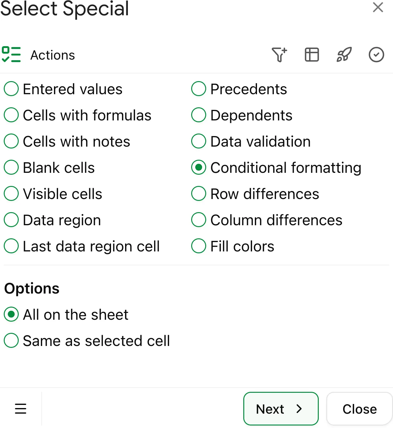 Select 'Conditional Formatting' to locate and highlight cells with formatting rules in Google Sheets.