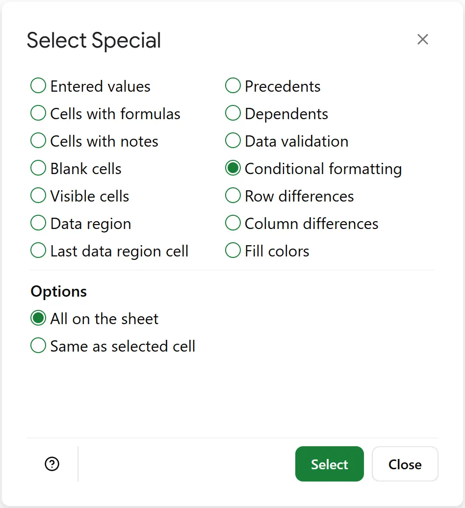 Select 'Conditional Formatting' to locate and highlight cells with formatting rules in Google Sheets.