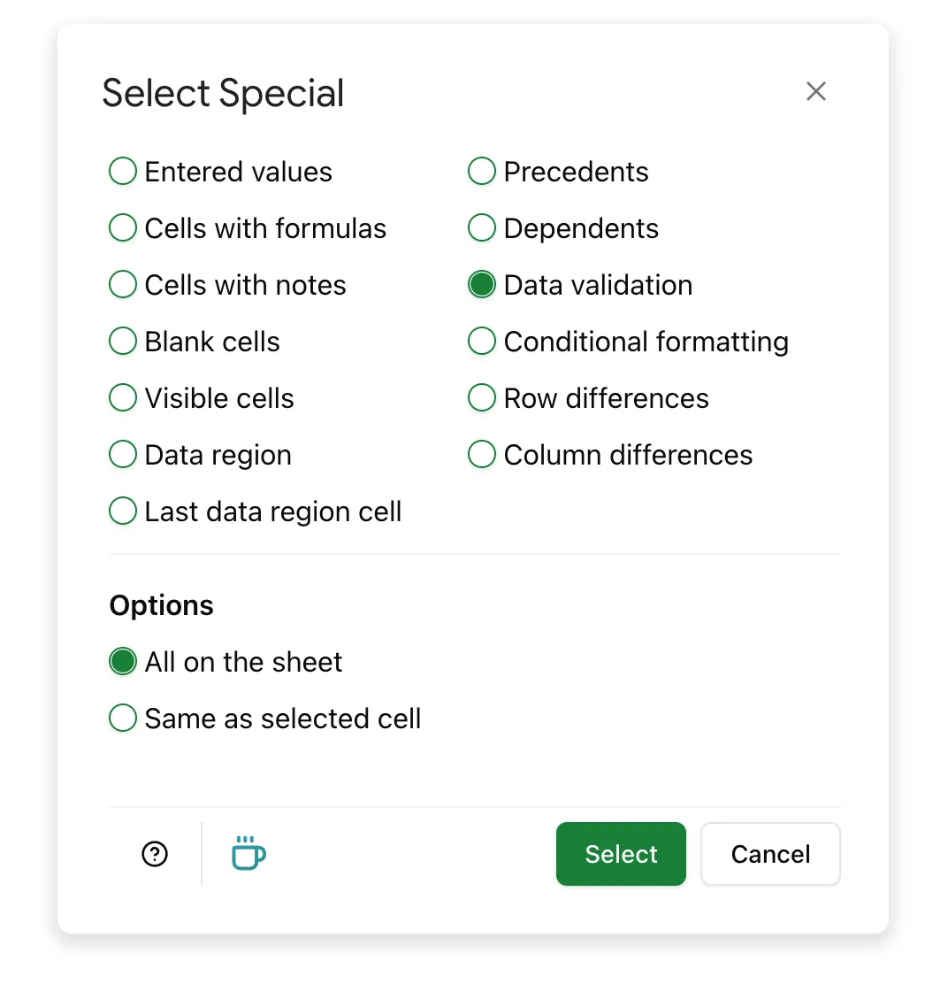 Choose 'Data validation' to find and select cells with data validation