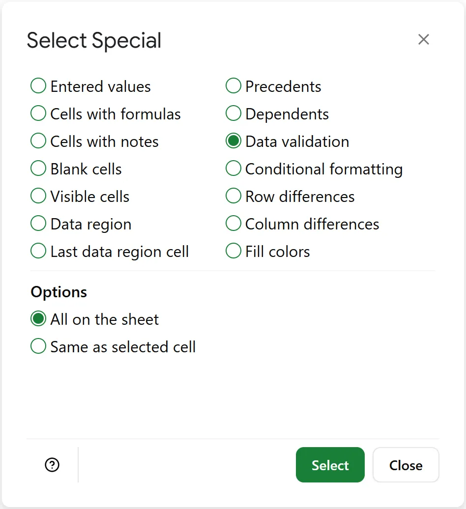Choose 'Data validation' to find and select cells with data validation
