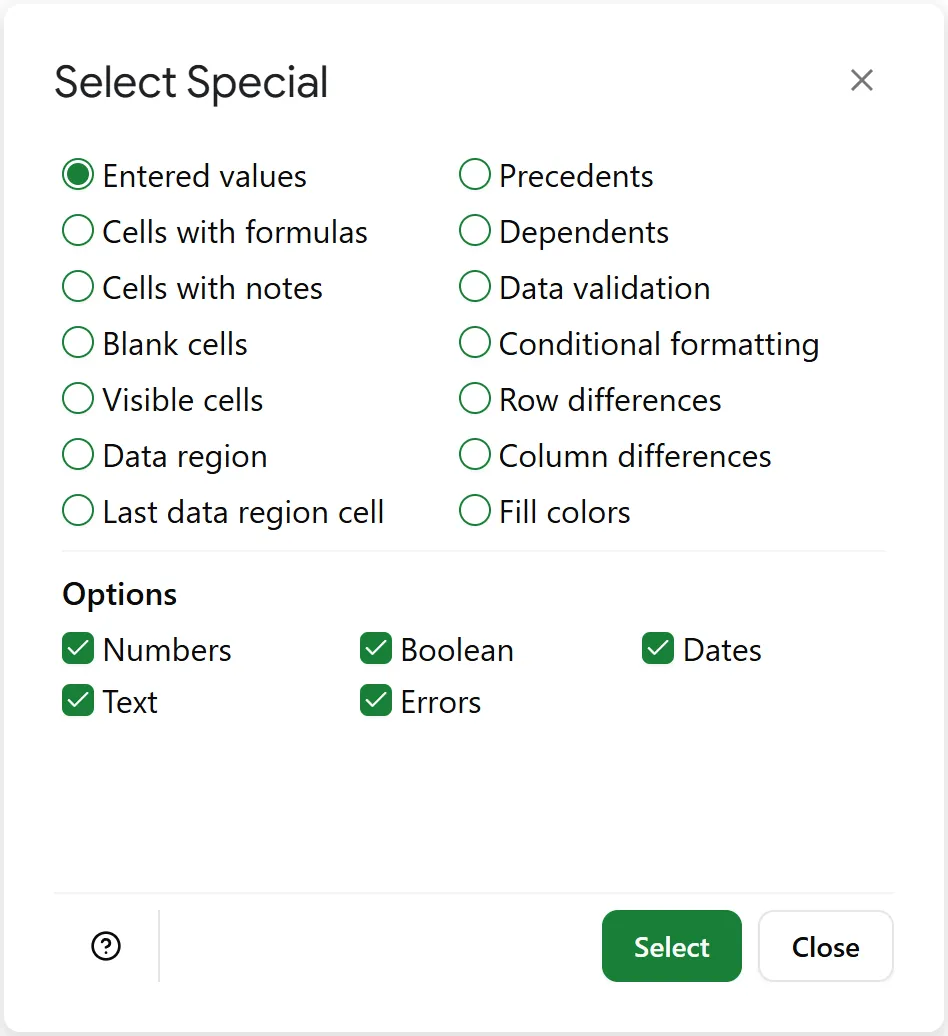 Select 'Entered values' to go to special cells with manually entered values in Google Sheets