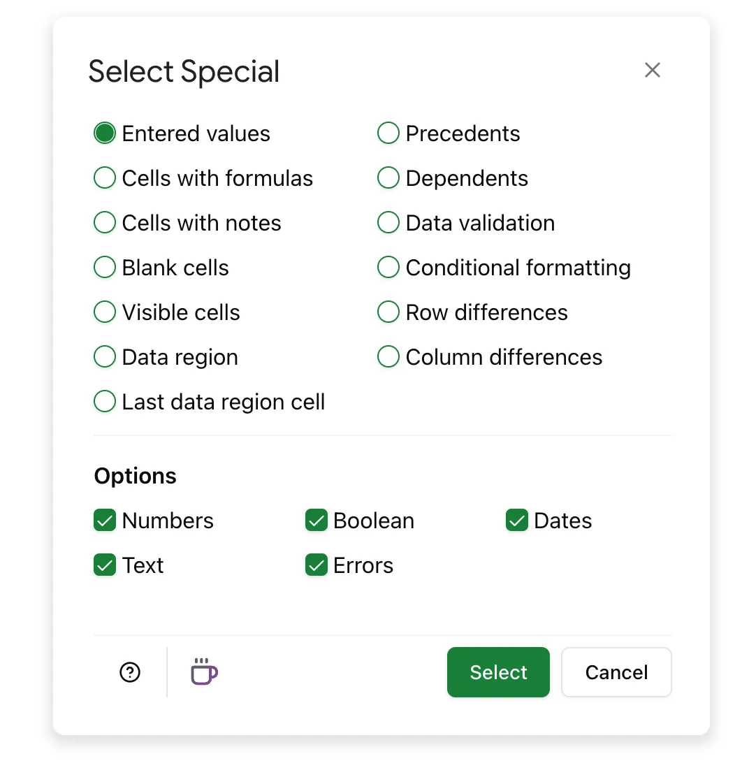 Select 'Entered Values' to locate cells with manually input data in Google Sheets