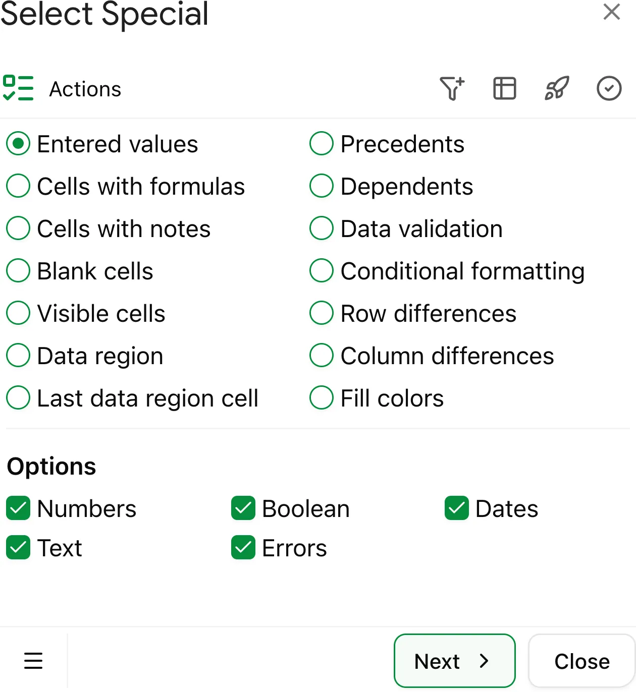 Select 'Entered values' to go to special cells with manually entered values in Google Sheets