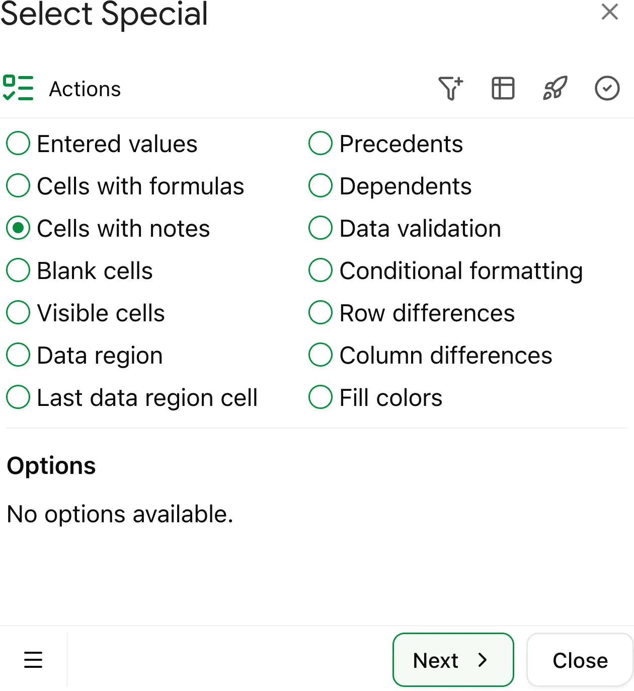 Choose 'Cells with Notes' to find and select annotated cells in Google Sheets