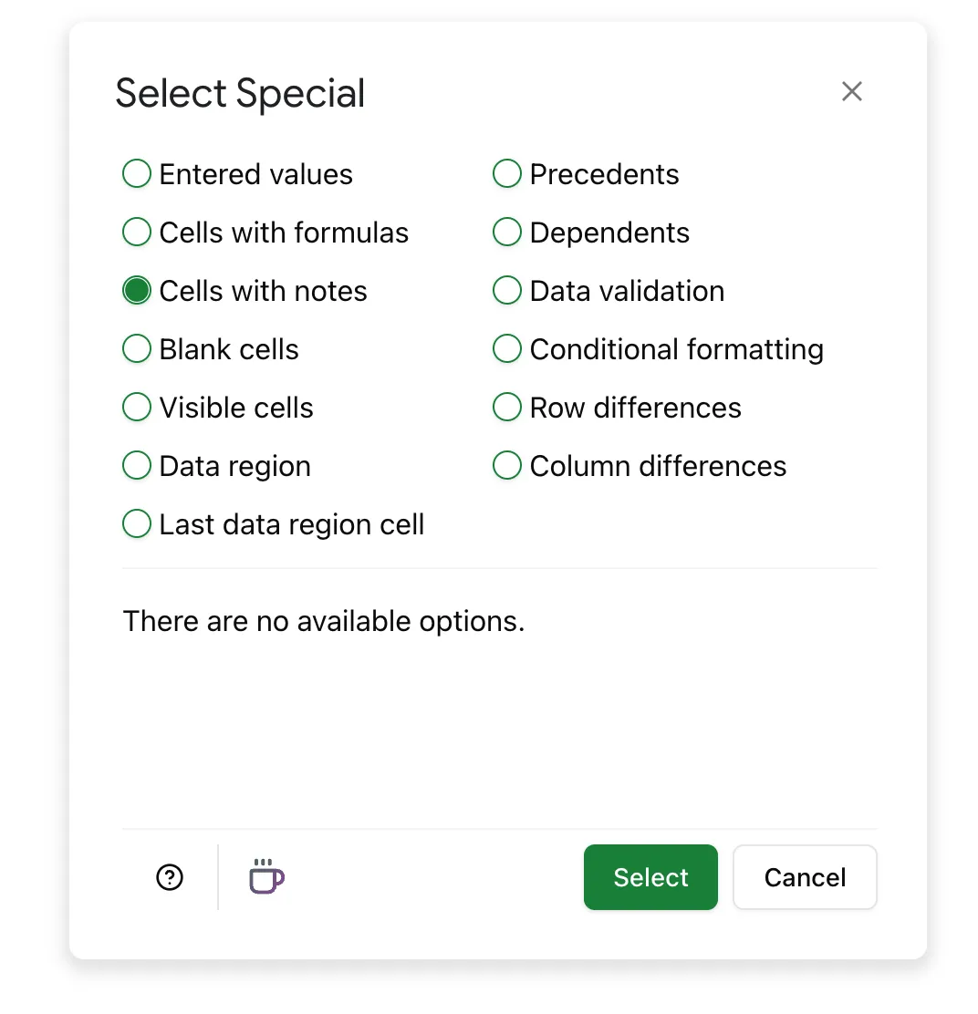 Choose 'Cells with Notes' to find and select annotated cells in Google Sheets