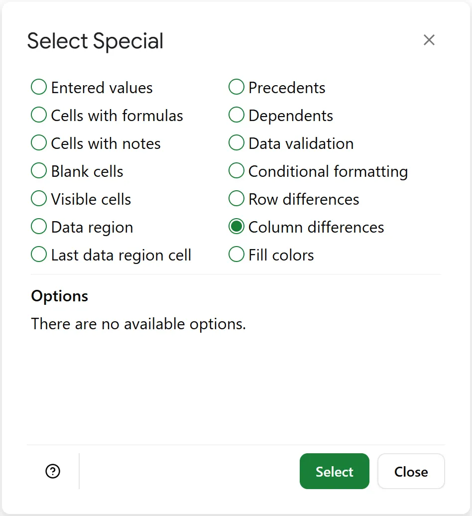 Choose 'Column differences' to find differences in column