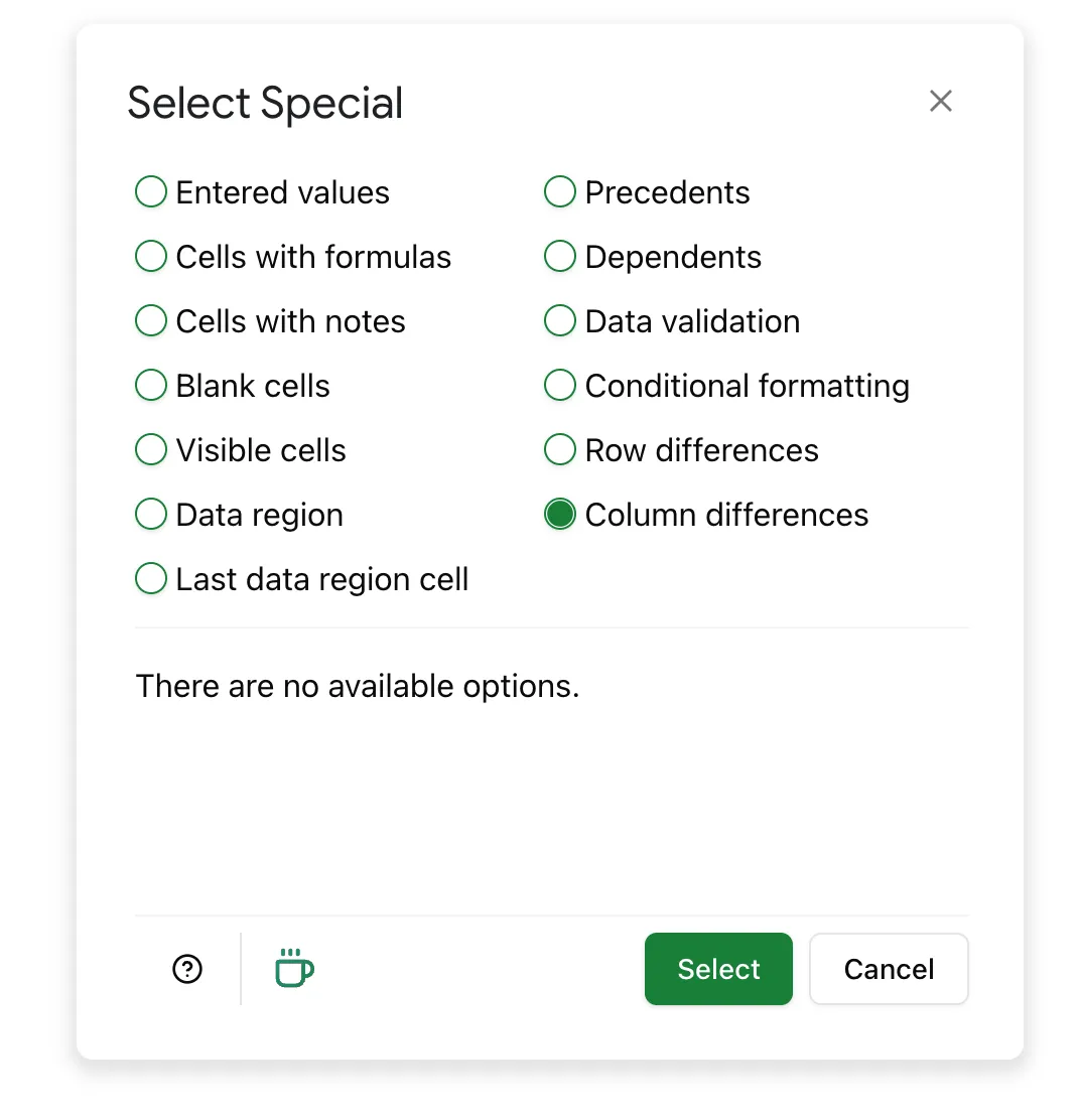 Choose 'Column differences' to find differences in column