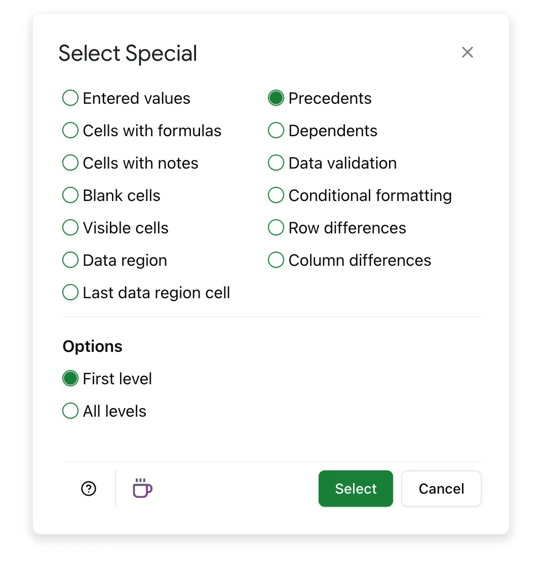 Choose 'Precedents' to find formula precedents