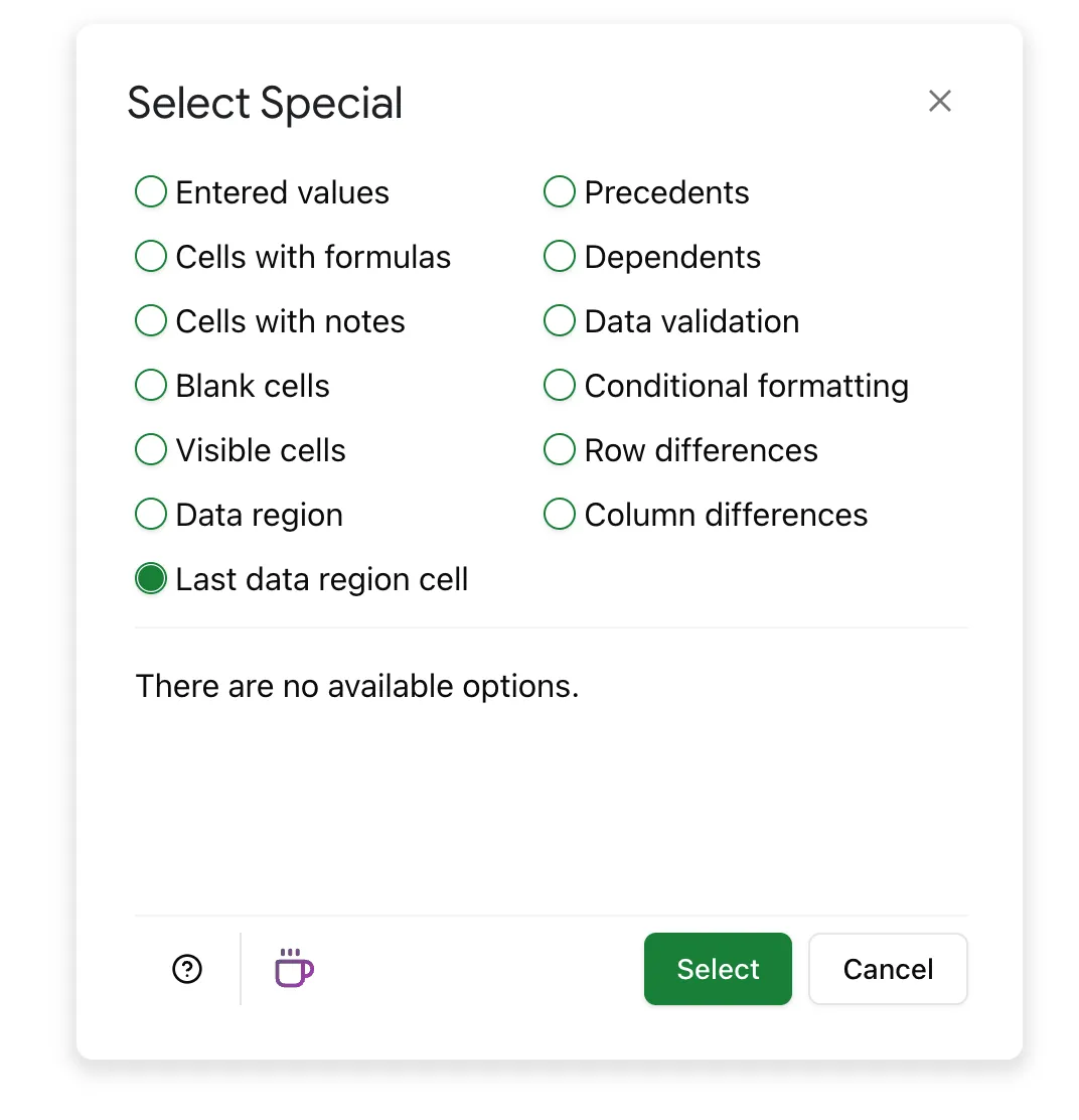 Select 'last data cell' to quickly locate the final cell with data in your sheet.