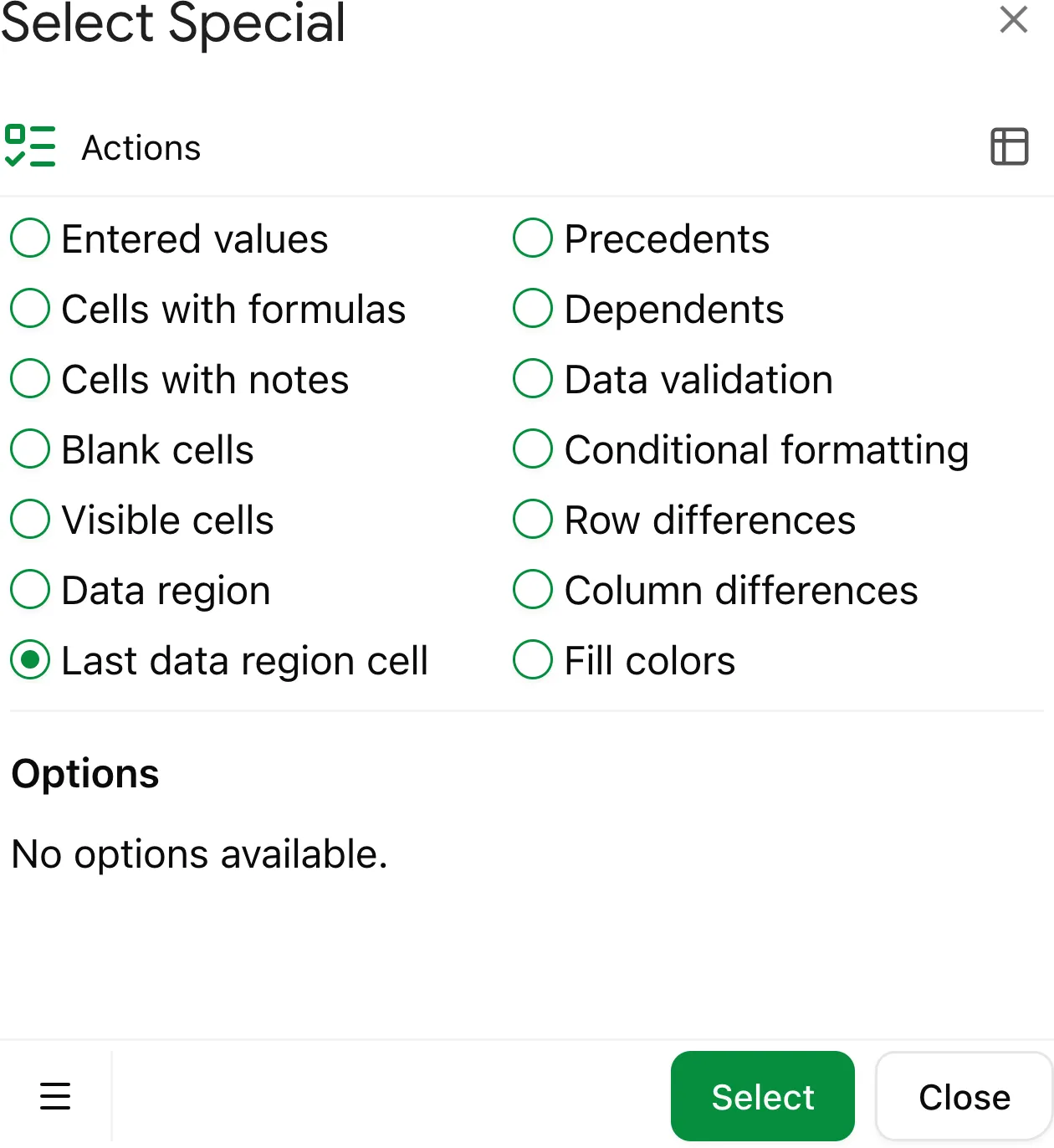 Select 'last data cell' to quickly locate the final cell with data in your sheet.