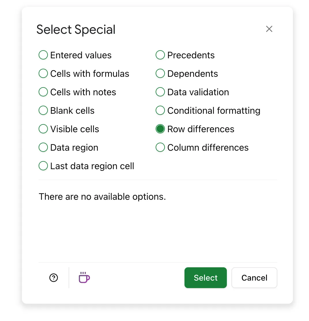 Choose 'Row differences' to find differences in row