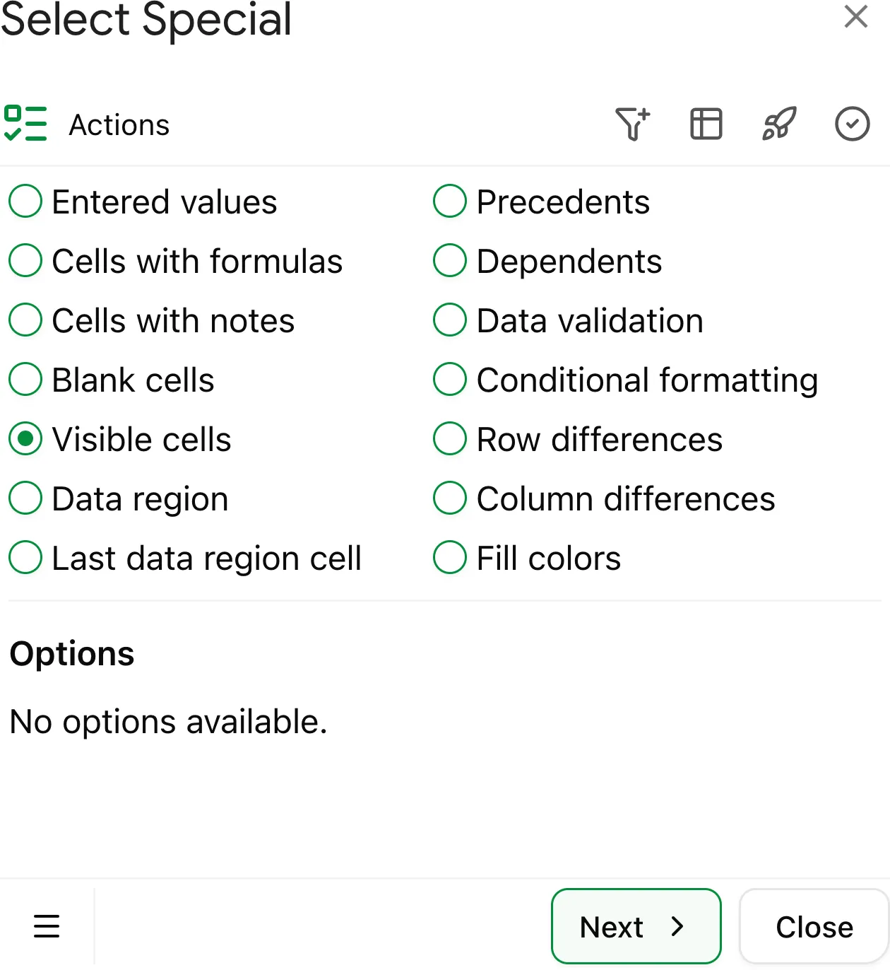 Choose 'Visible cells' to find and select only visible cells