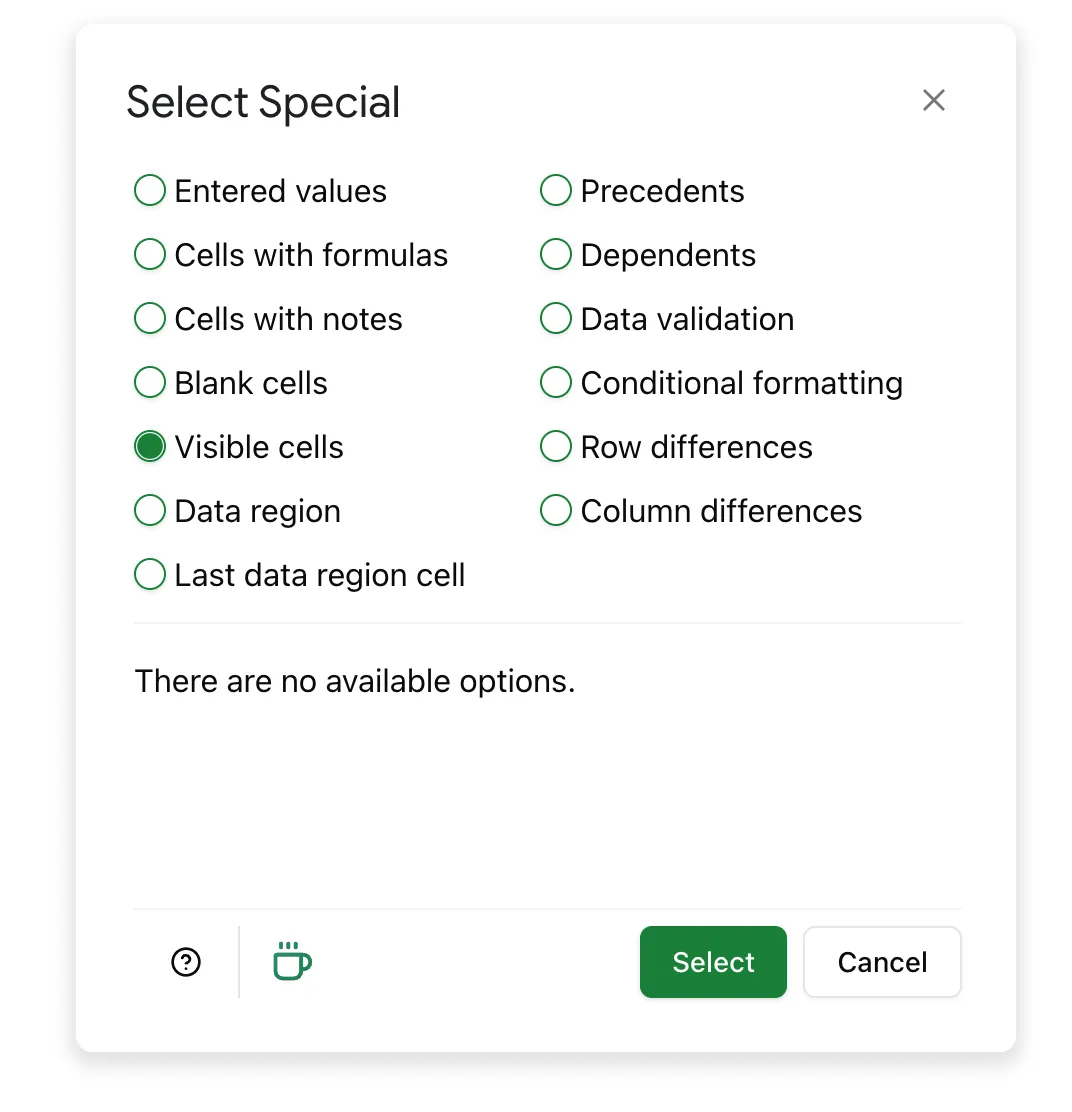 Choose 'Visible cells' to find and select only visible cells