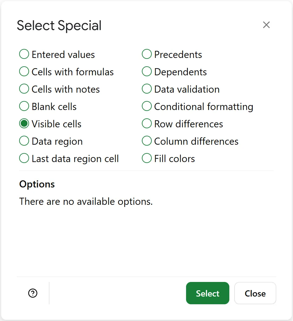 Choose 'Visible cells' to find and select only visible cells