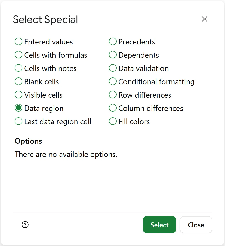 Choose 'Data region' to select data region