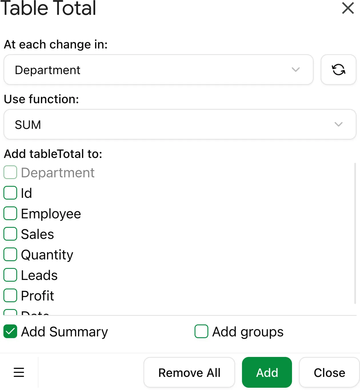 Table Total add-on — add subtotals grouped by a key column