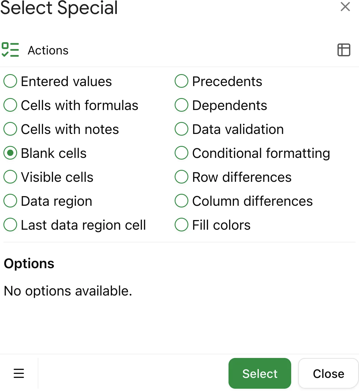 Choose 'Blank cells' to find and select blank cells