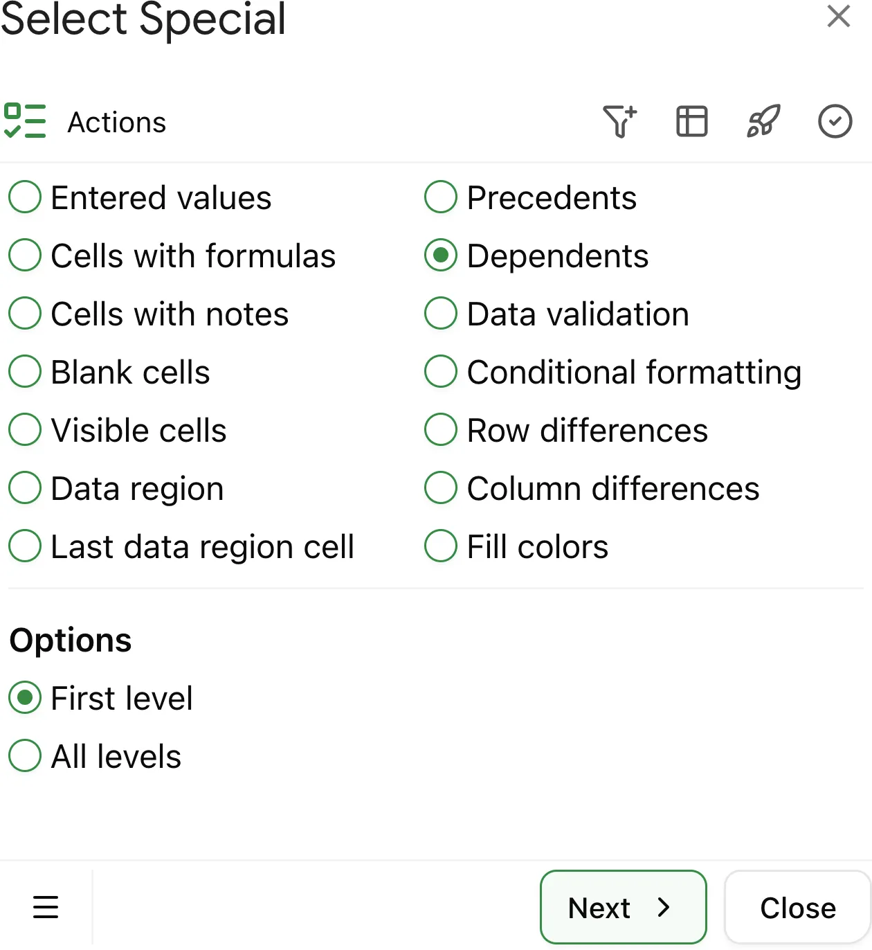 Choose 'Dependents' to find cells that rely on the selected cell.