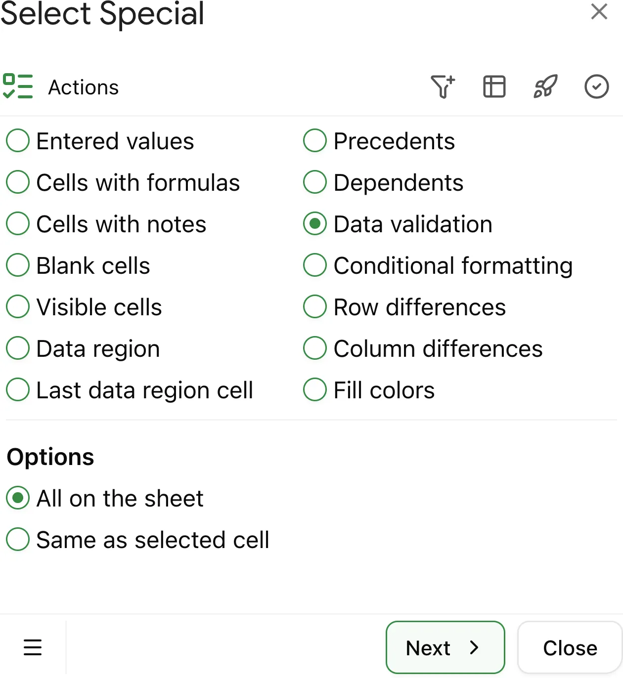 Choose 'Data validation' to find and select cells with data validation
