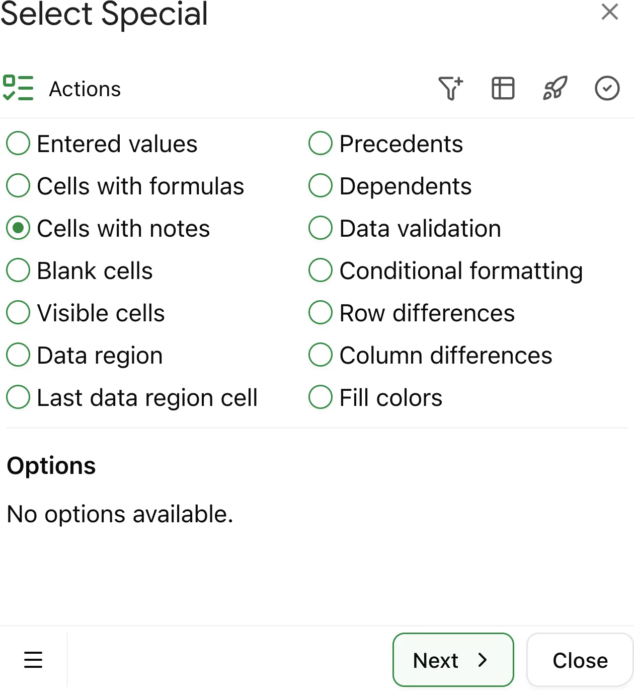 Choose 'Cells with Notes' to find and select annotated cells in Google Sheets