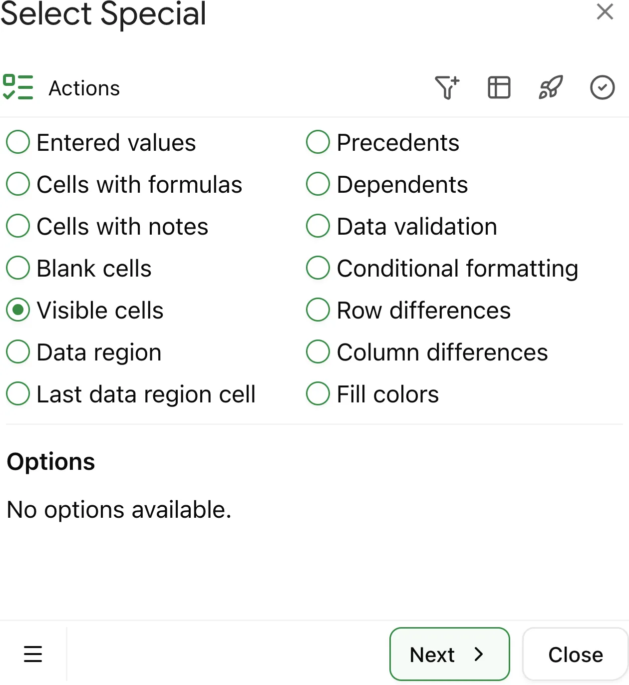 Choose 'Visible cells' to find and select only visible cells