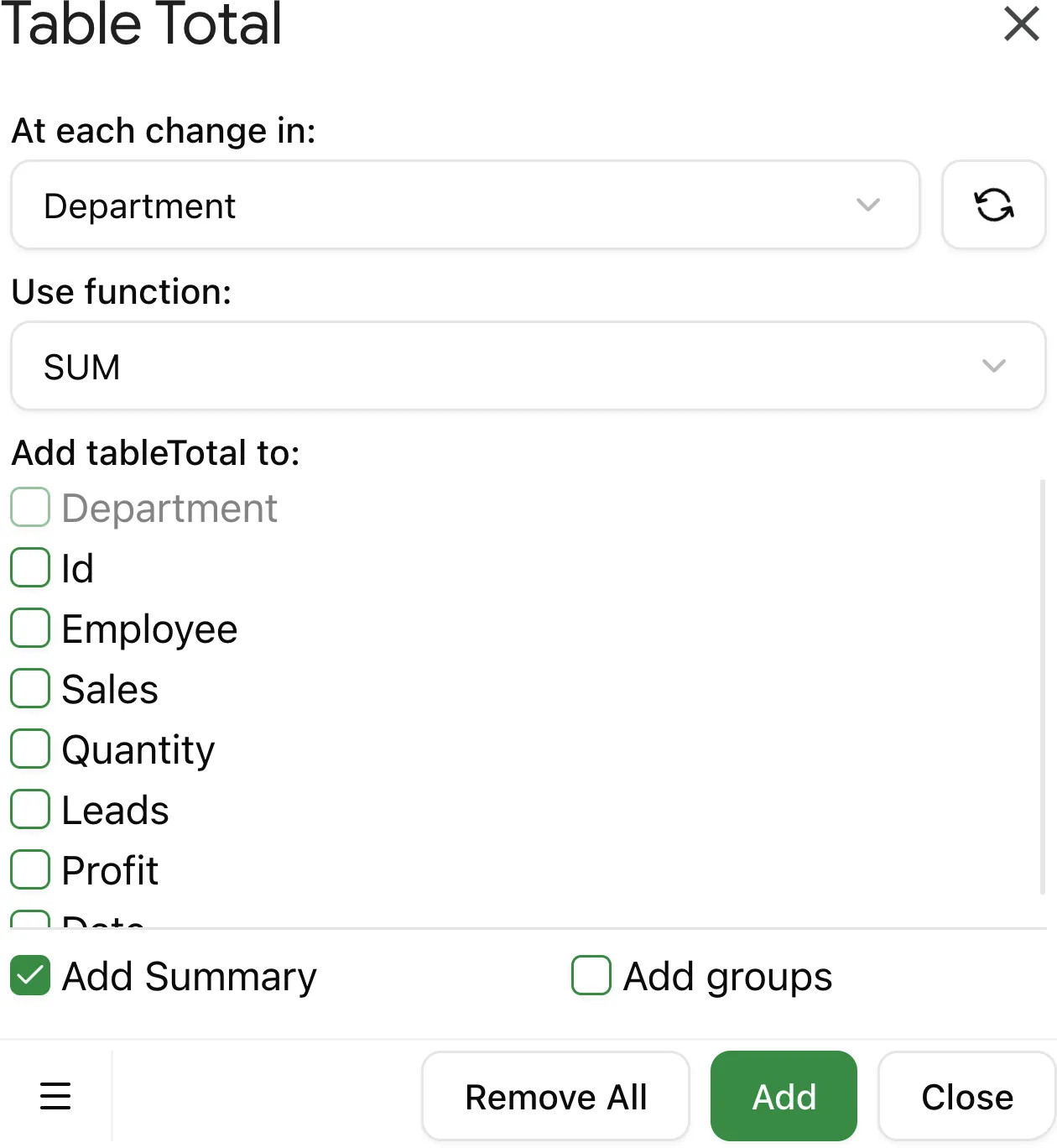 Table Total add-on — add subtotals grouped by a key column